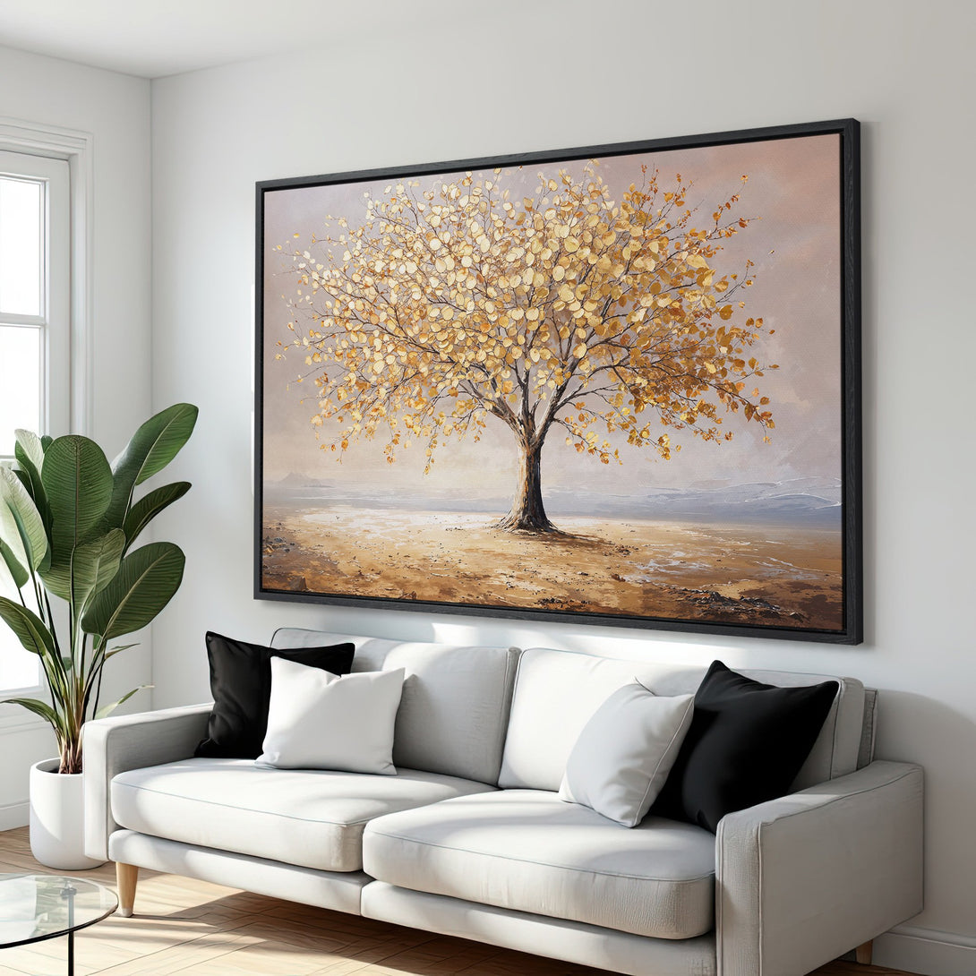 Framed Wall Art featuring a golden tree painting. Warm, earthy tones create a serene atmosphere. Perfect for living room decor.