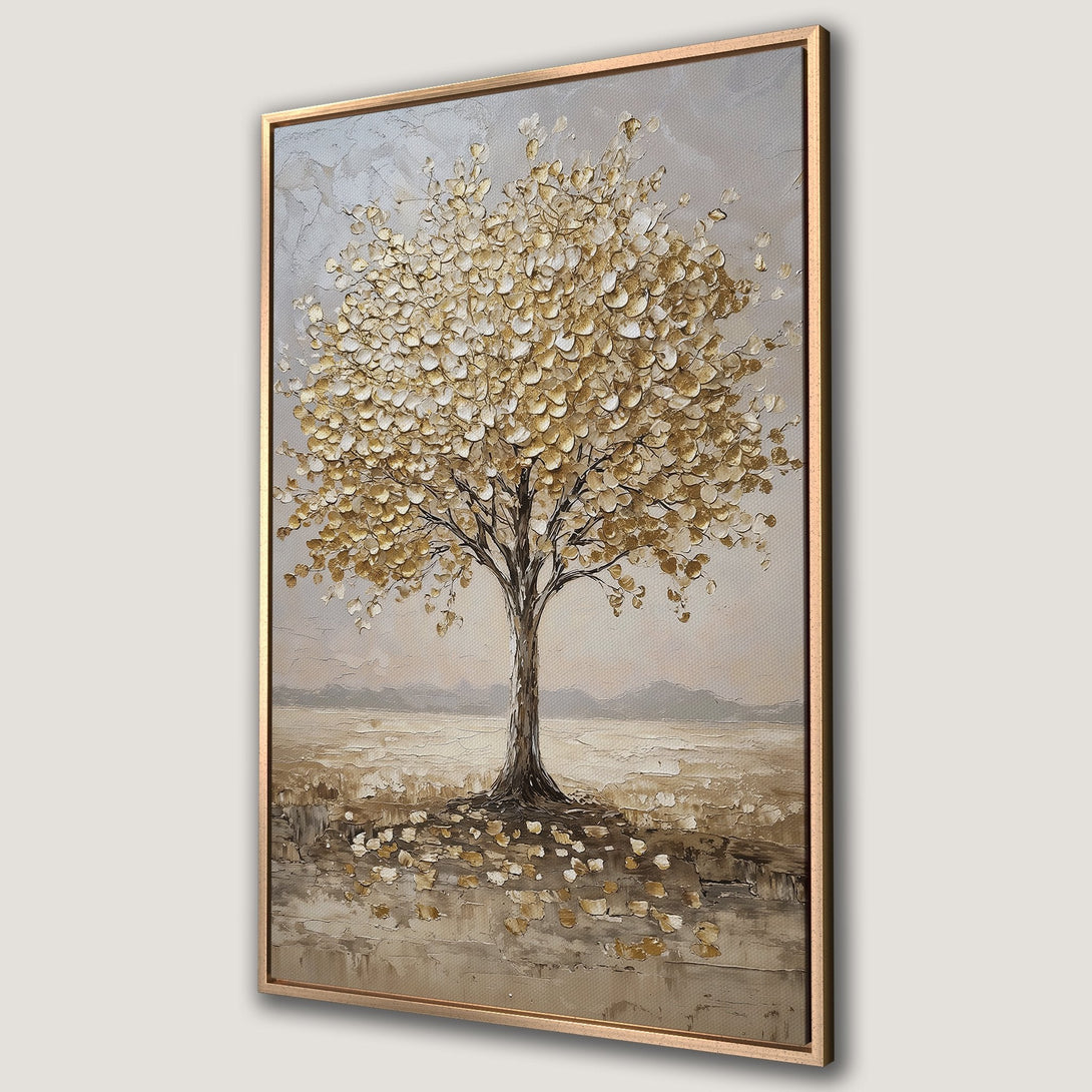 Framed Wall Art featuring a textured, impressionistic tree in gold and neutral tones. Perfect for adding a touch of elegance to any space. Shop now!