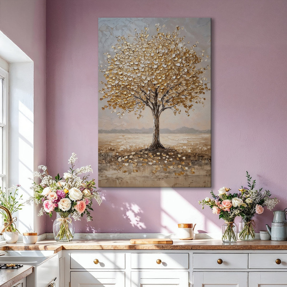 Framed Wall Art: Abstract gold tree painting in a neutral color palette, creating a serene and stylish interior design. Enhance your home decor with this canvas print.