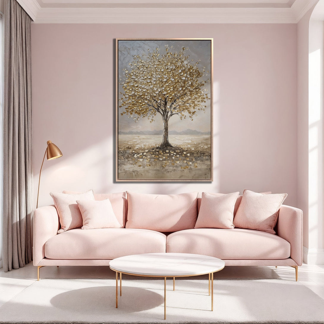 Framed Wall Art of a golden tree in a modern interior. Soft pink color palette creates a calming atmosphere. Perfect for adding elegance to your space.