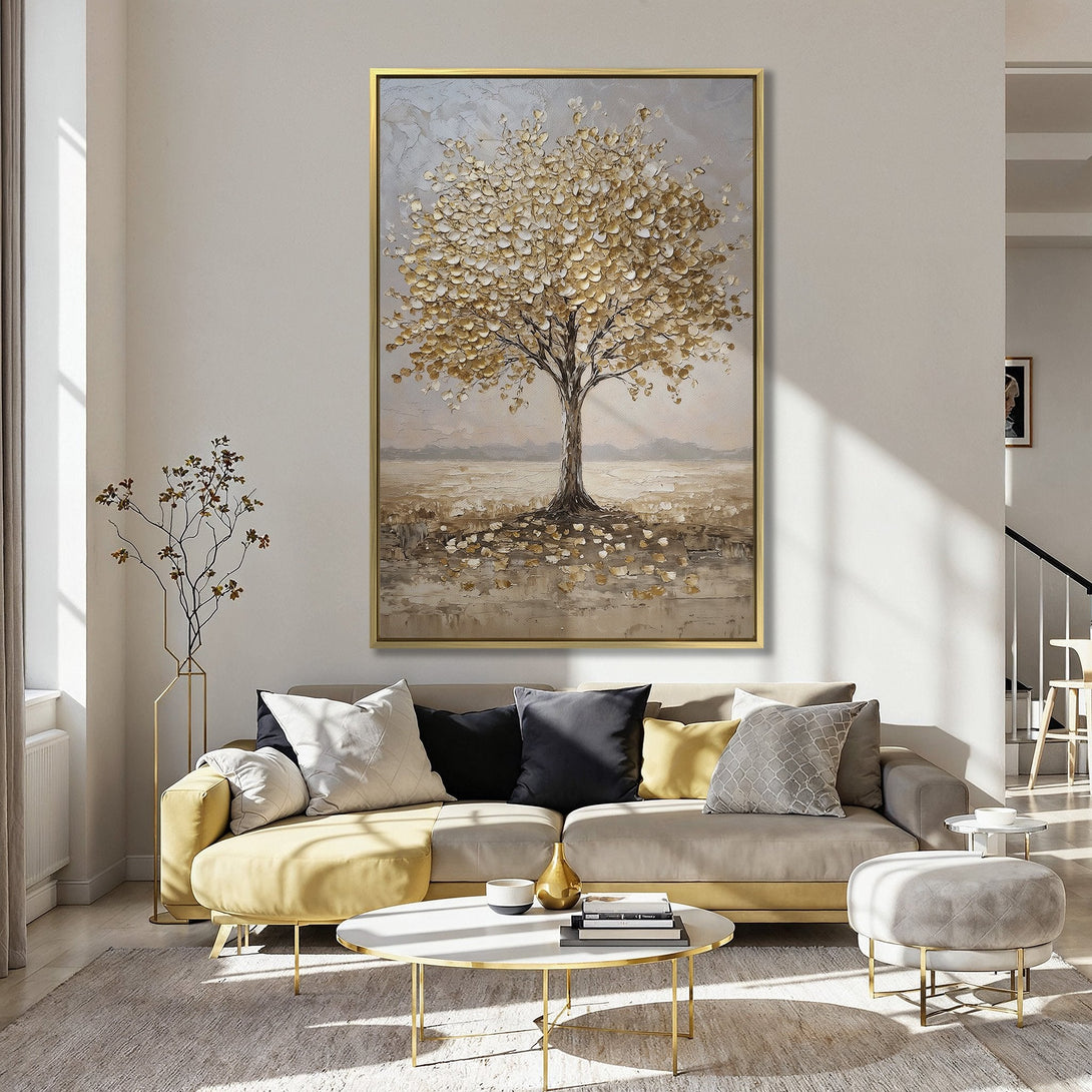 Canvas Print of a textured gold tree painting. Warm, neutral color palette. Adds elegance to any room.