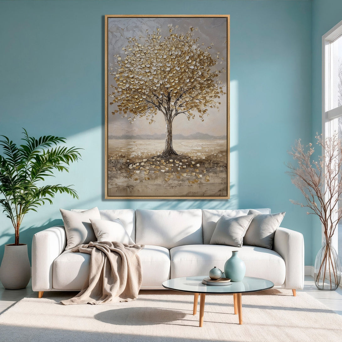 Framed Wall Art: Abstract tree painting in gold and neutral tones, perfect for adding a touch of elegance to any living room.
