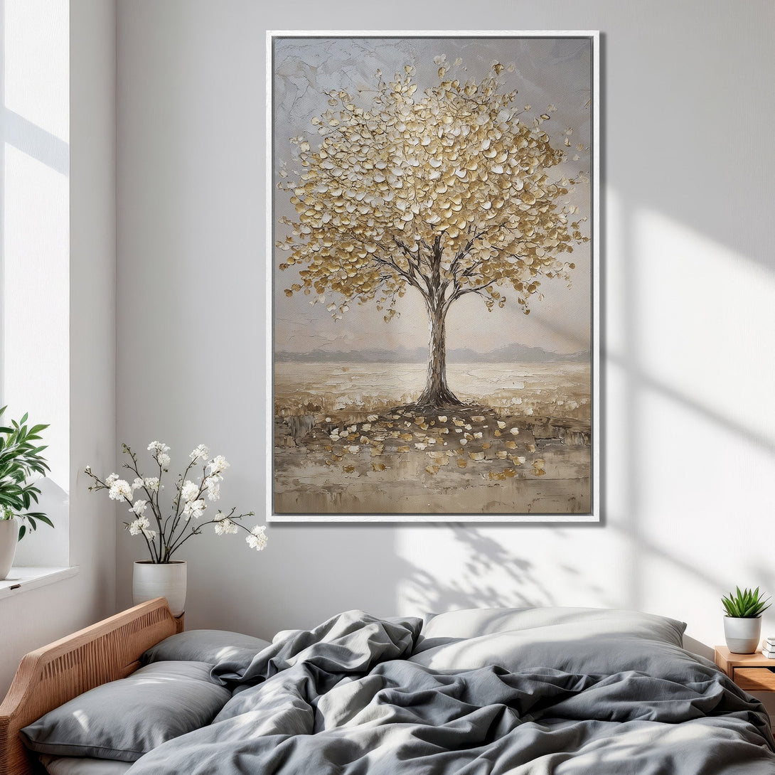 Framed Wall Art: Stunning gold leaf tree painting in neutral tones. Perfect for bedroom decor. Add a touch of elegance with this beautiful canvas print.