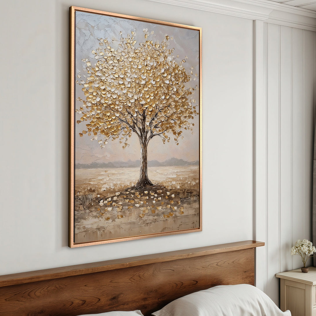 Framed Wall Art: Textured gold leaf tree painting in a neutral color palette. Perfect for adding warmth and style to any bedroom decor.