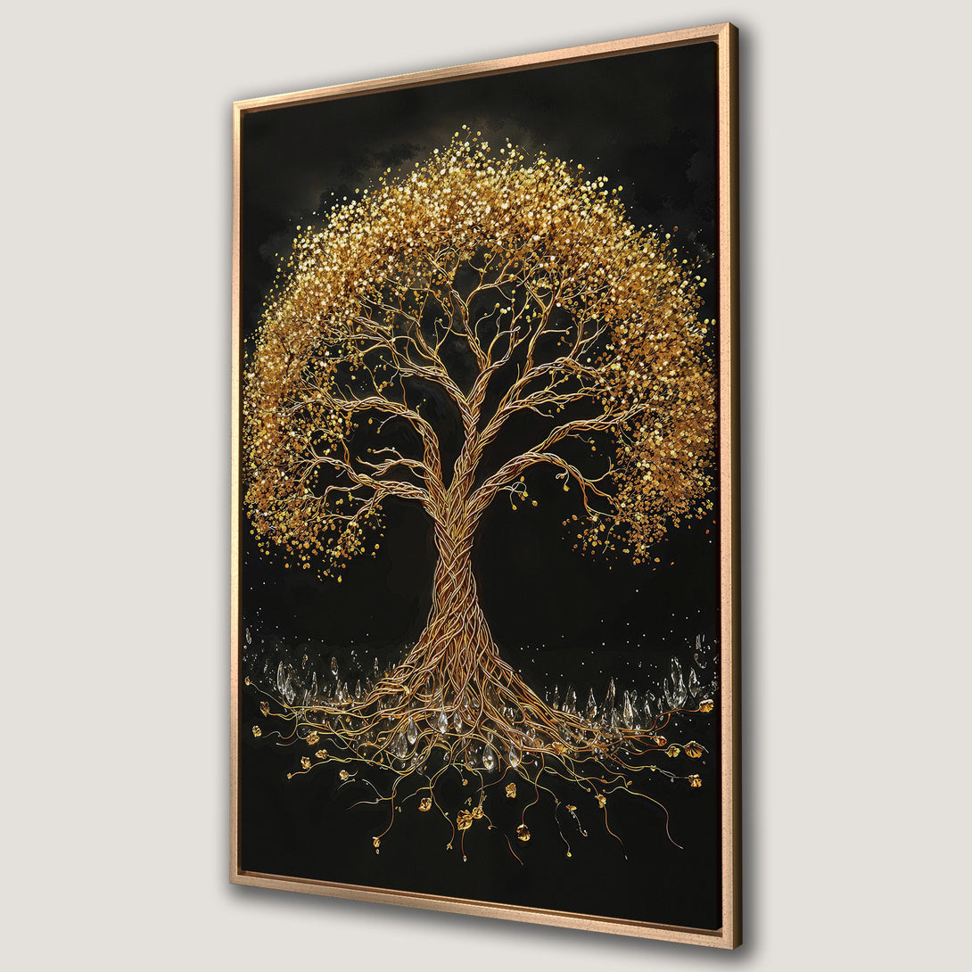 Framed Wall Art: Stunning golden tree art print on black background. Modern wall decor with metallic gold and black color palette. Elevate your space!