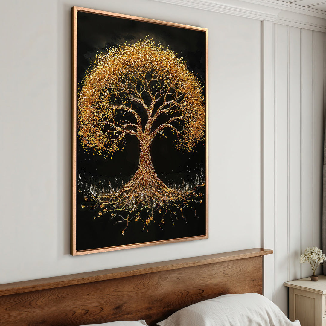 Framed Wall Art: Golden tree of life canvas print, a stunning piece with gold and black color palette, perfect for modern home decor.
