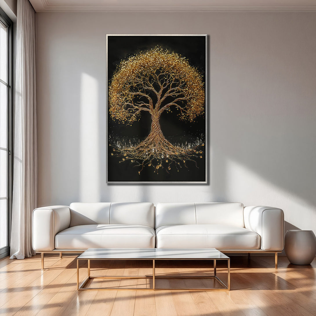 Framed Wall Art: Golden tree art print with black background. Modern, elegant decor in a living room with white sofa. Warm gold tones.