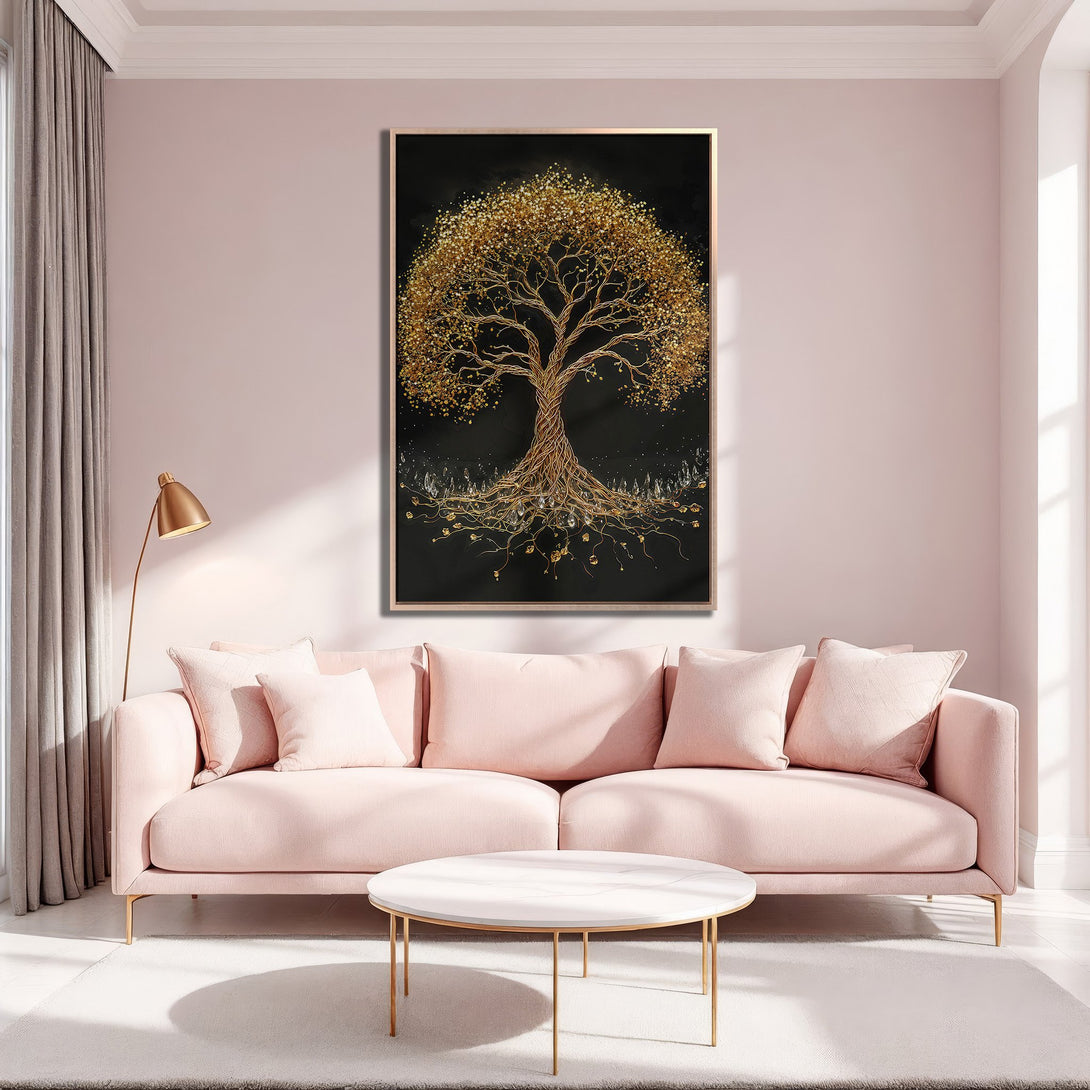 Framed Wall Art featuring a golden tree on a black background, displayed in a pink interior. Elegant style, warm gold and pink color palette.