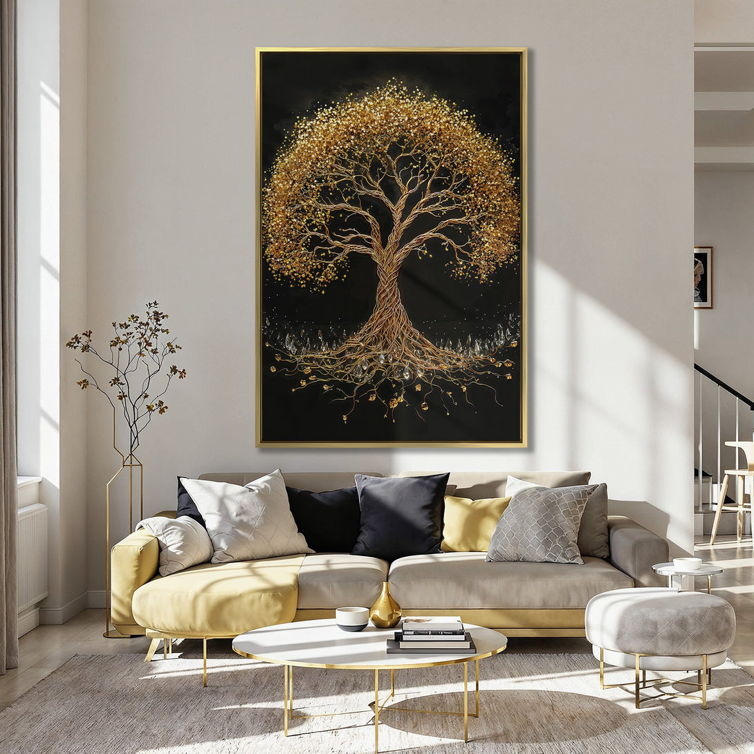 Canvas Print of a golden tree art piece with a black background, displayed in a stylish interior. Warm gold and black color palette.