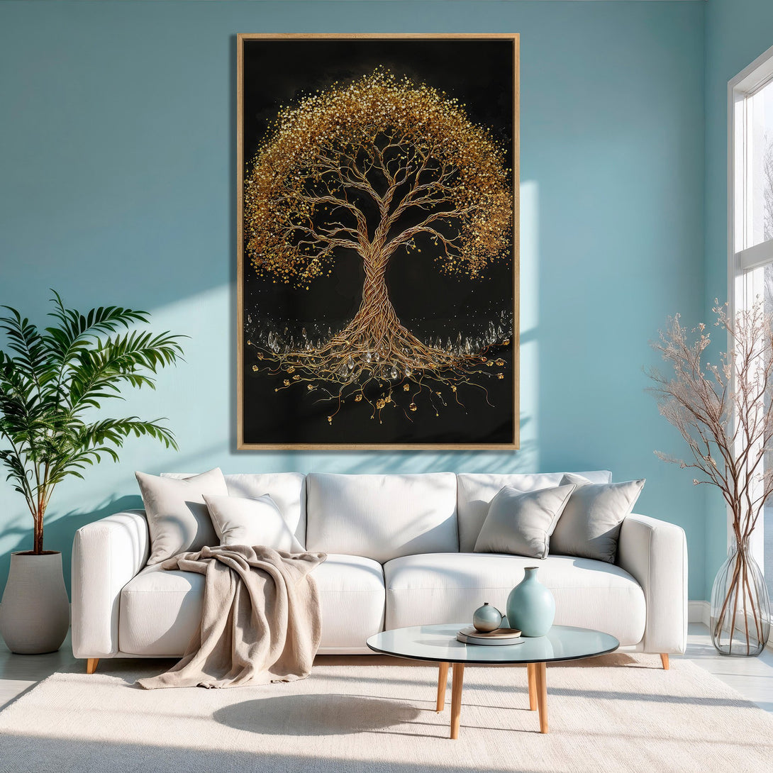 Framed Wall Art: Golden tree art print in a modern living room. Featuring a gold and black color palette, this canvas print adds elegance to any space.