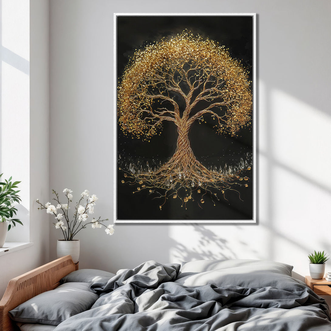 Framed Wall Art: Golden tree art print in a bedroom. Modern, elegant decor with a black background and warm gold accents. Perfect for any space!