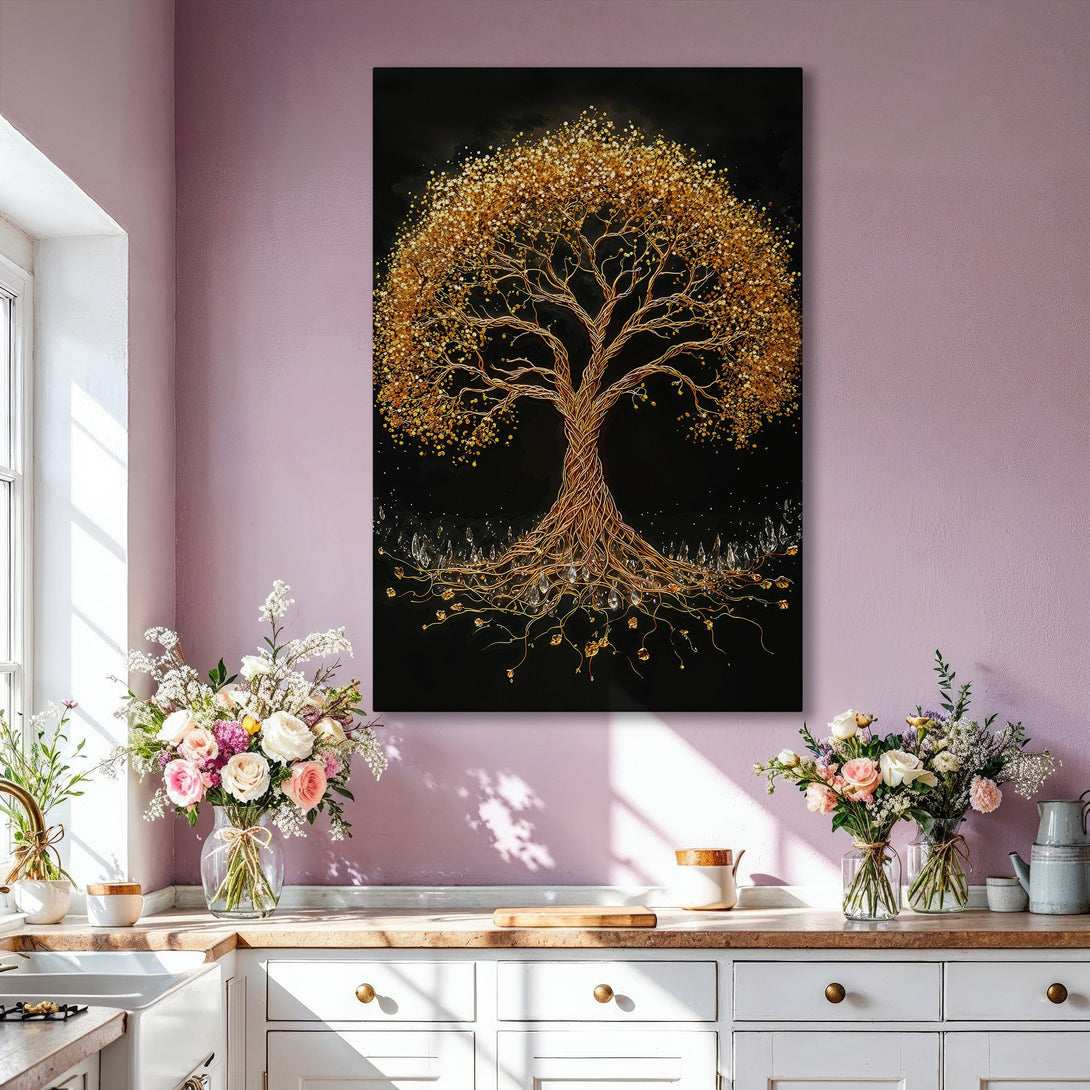 Framed Wall Art: Elegant gold tree art print on black background. Modern, abstract style with warm gold and neutral color palette, perfect for home decor.