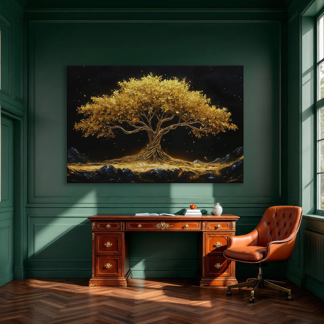 Framed Wall Art of a golden tree on a black background. Modern, elegant art with a gold and black color palette, perfect for dining room decor.
