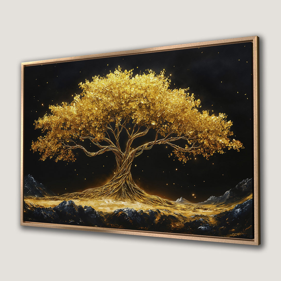 Framed Wall Art: Golden tree art print on black background. Stunning landscape with gold and black color palette. Perfect wall decor for any room.