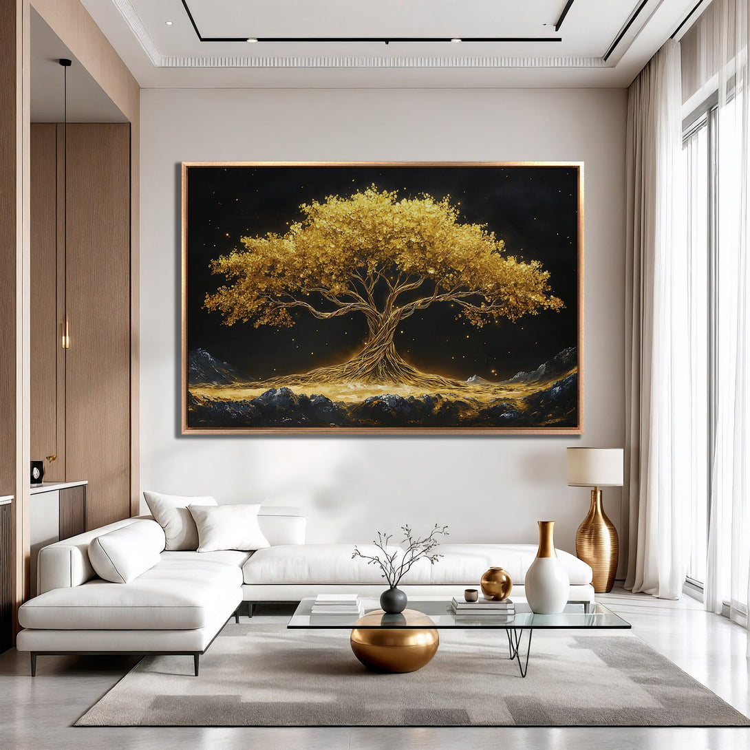 Framed Wall Art: Golden tree canvas print in a modern living room. Features a black, gold, and white color palette, creating a luxurious and elegant aesthetic.