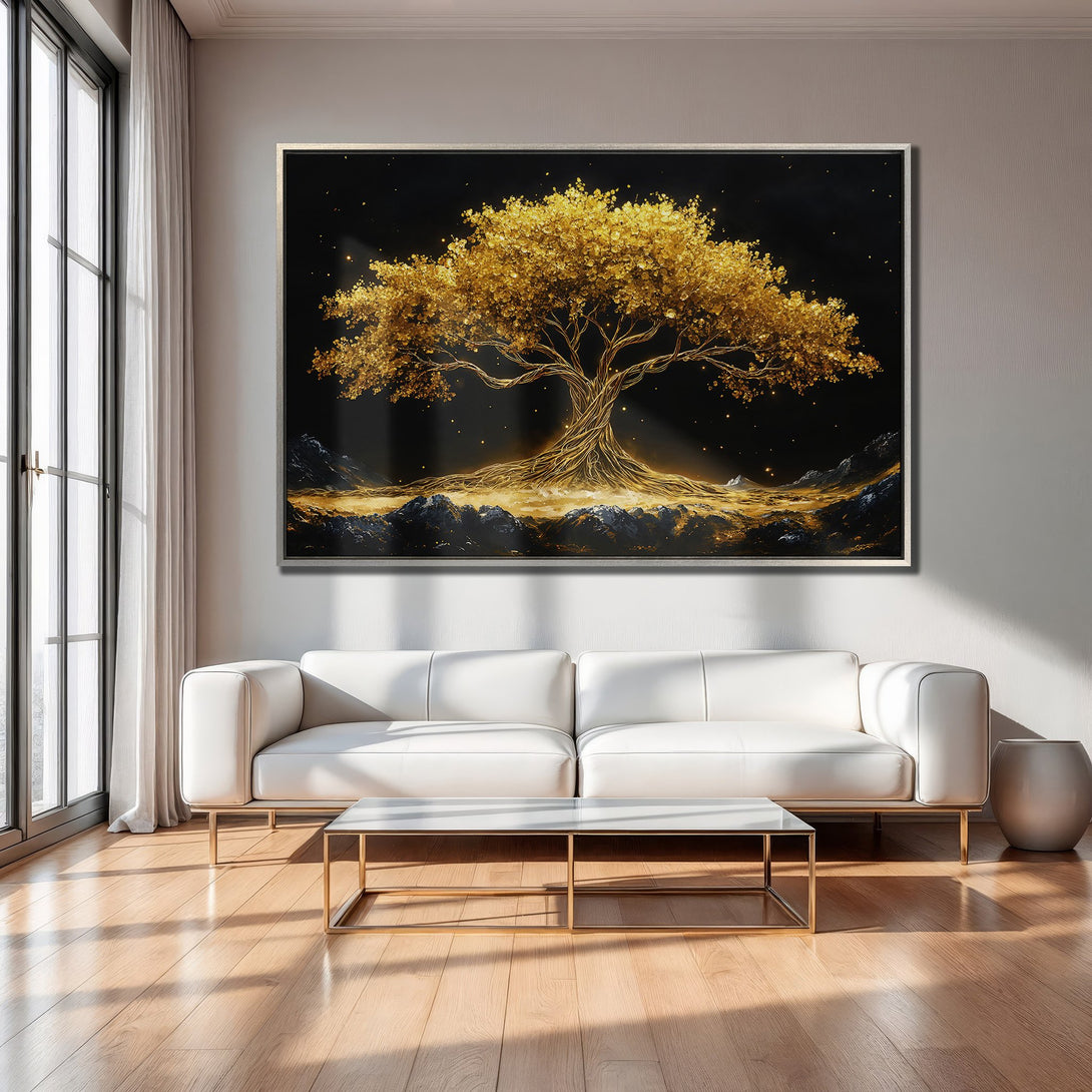 Framed Wall Art: Golden tree artwork in a modern interior. Elegant, abstract style with gold, black, and neutral tones. Elevate your space with this stunning piece!