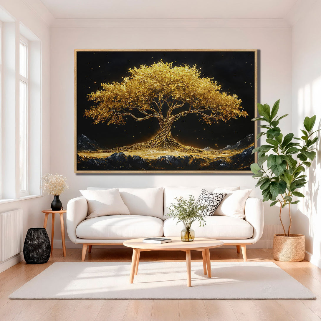 Framed Wall Art: Golden tree art print in a modern living room. Black, gold, and white color palette. Enhance your space with this stunning canvas print.