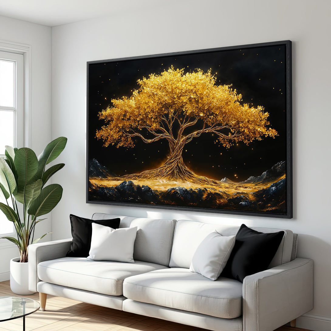 Framed Wall Art featuring a golden tree against a black background. Modern art with a warm gold and black color palette, perfect for any interior.