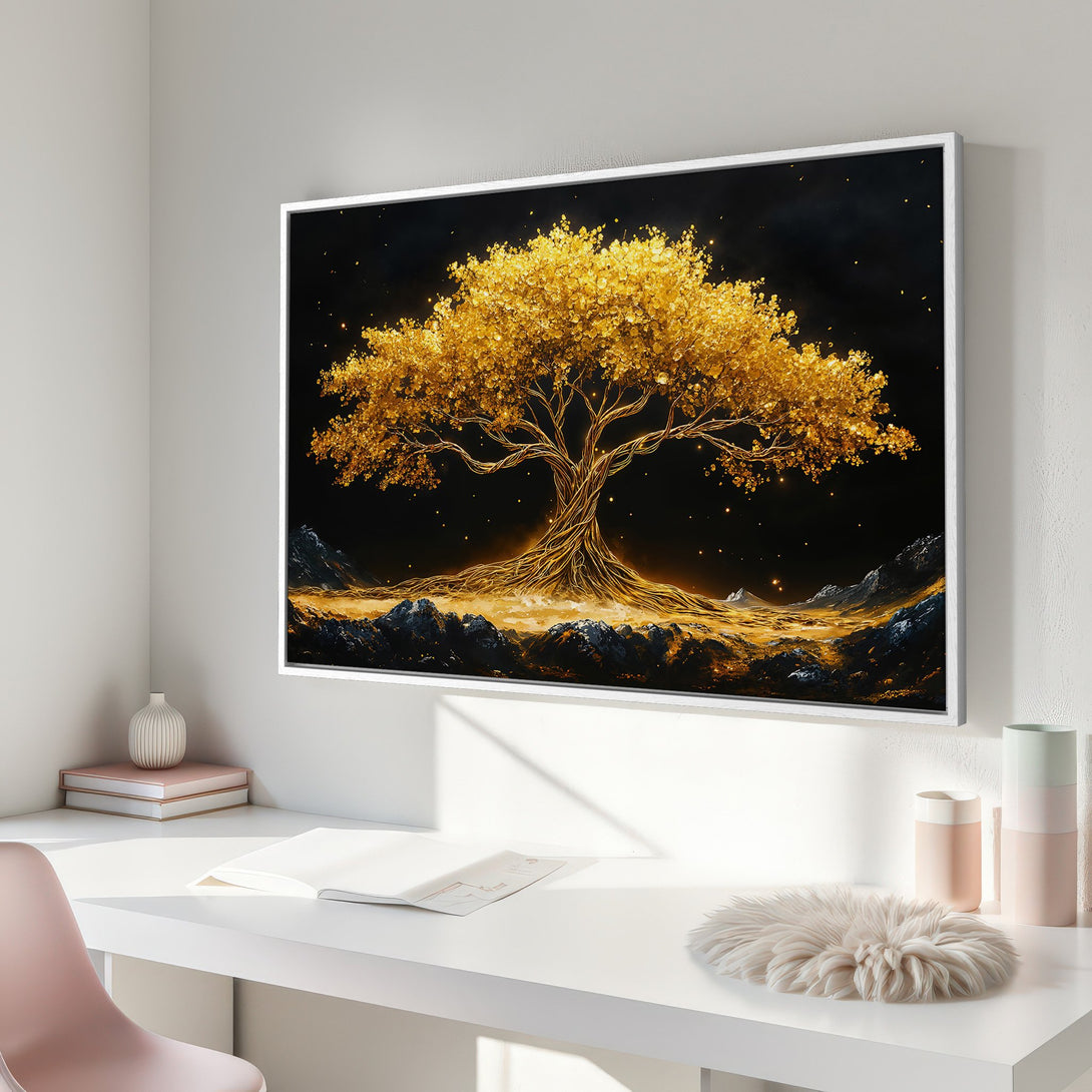 Framed Wall Art: Golden tree art print in a modern interior. Features a vibrant gold and black color palette, perfect for adding a touch of luxury.