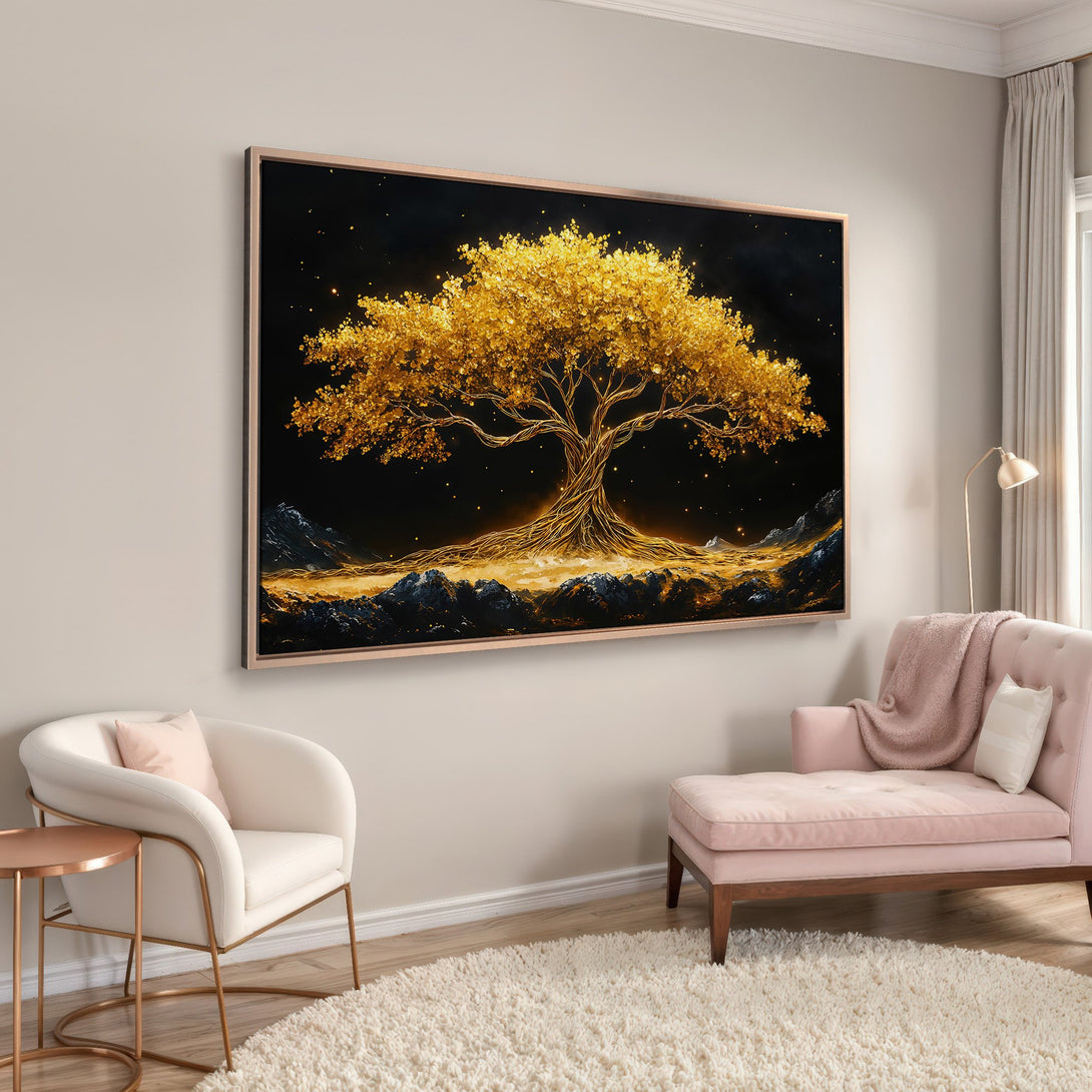 Framed Wall Art: Golden tree art print in a modern interior. Features a gold and black color palette, perfect for adding a touch of elegance.