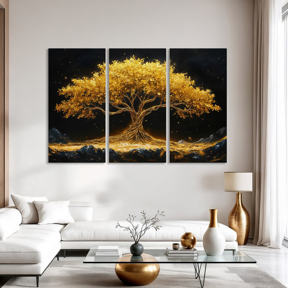 Canvas Print of a golden tree against a black background. Modern, abstract art with gold and black color palette, perfect for home decor.