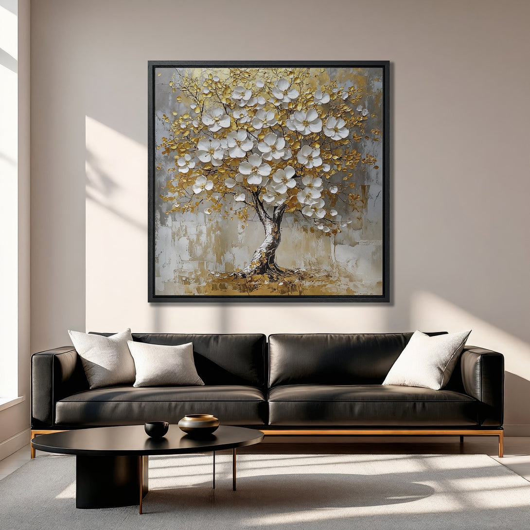 Framed Wall Art featuring a textured tree with white and gold blossoms. Elegant canvas print in a neutral color palette, perfect for modern home decor.