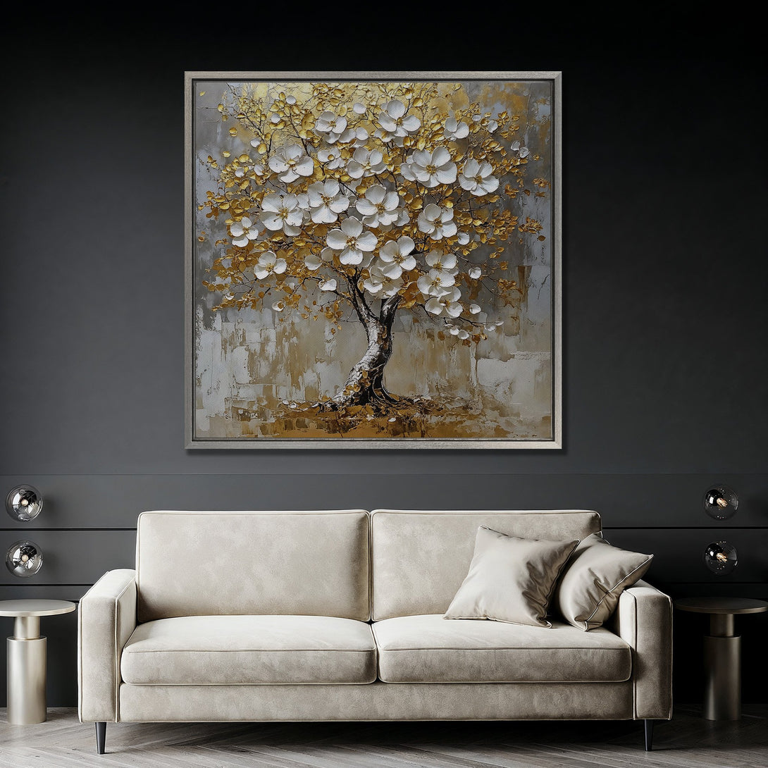 Framed Wall Art: Abstract tree painting with gold and white flowers. Elegant decor in a modern interior with a neutral color palette. Shop now!