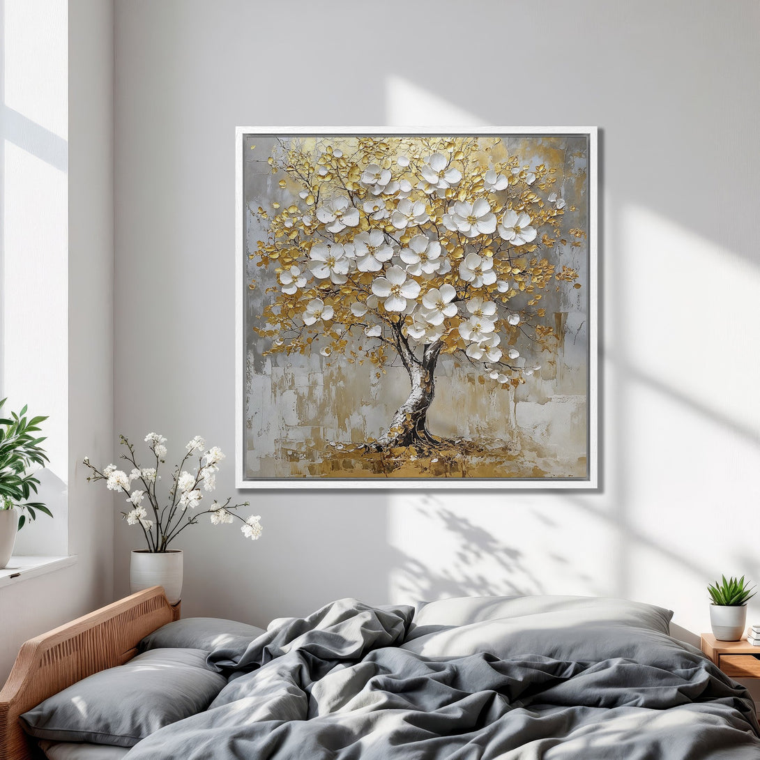Framed Wall Art: Textured tree painting in gold, white, & gray. Modern canvas art for bedroom decor. Enhance your space with this stunning piece!