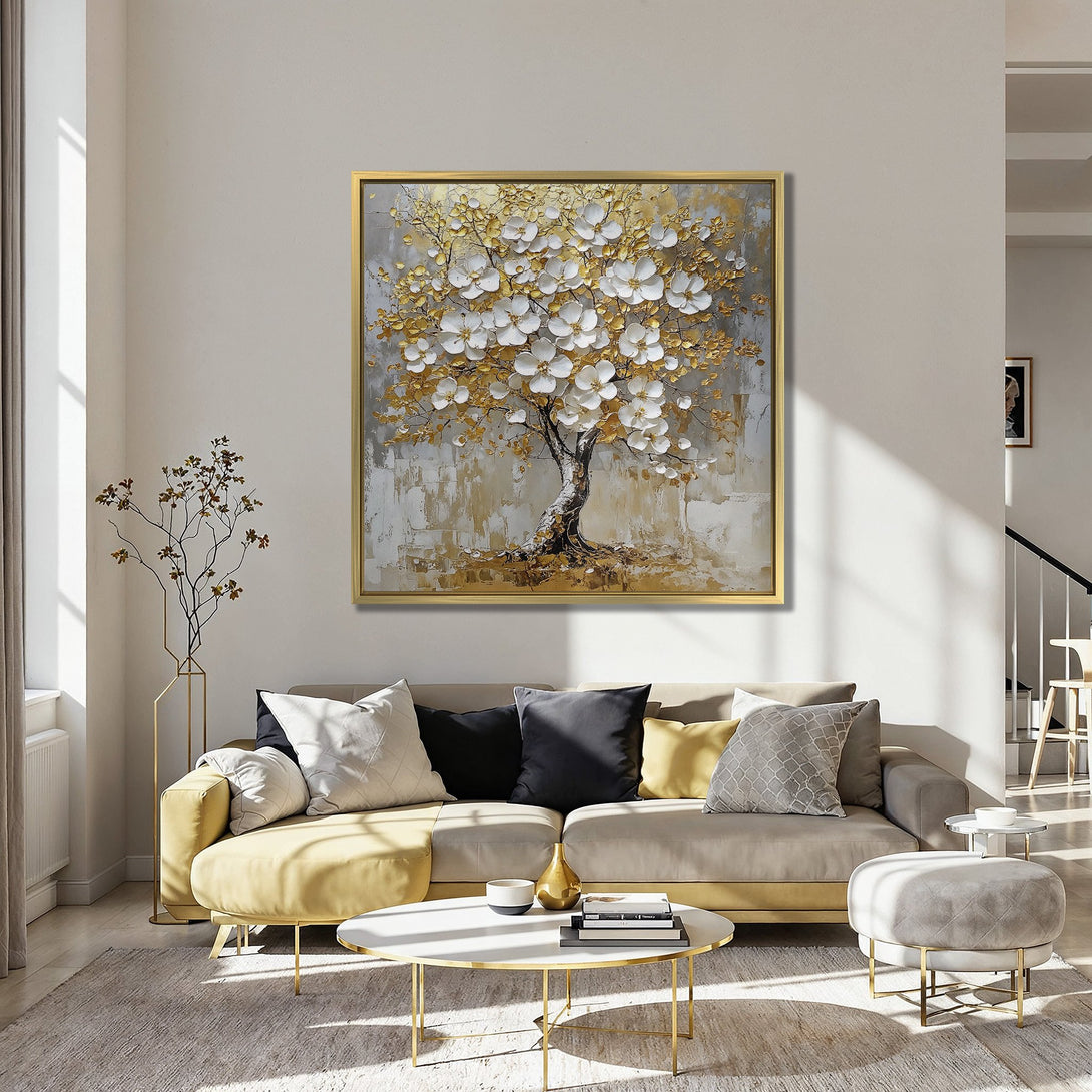 Canvas Print: Abstract floral art in gold, white, and gray tones. Adds elegance to any interior. Modern wall decor for living room or bedroom.