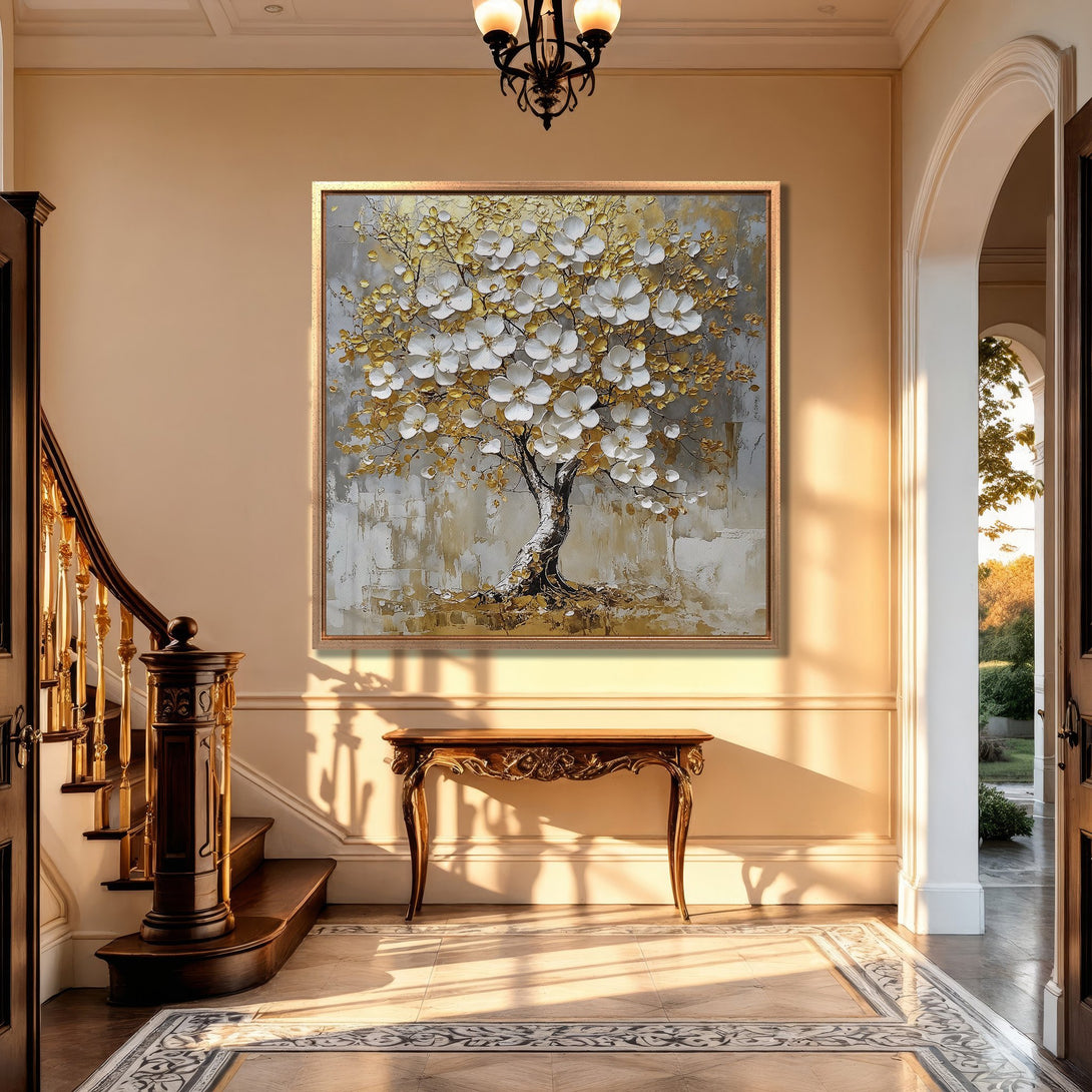 Framed Wall Art: Elegant tree painting in gold, white, and gray tones. Adds sophistication to any interior. Perfect for home decor and interior design.