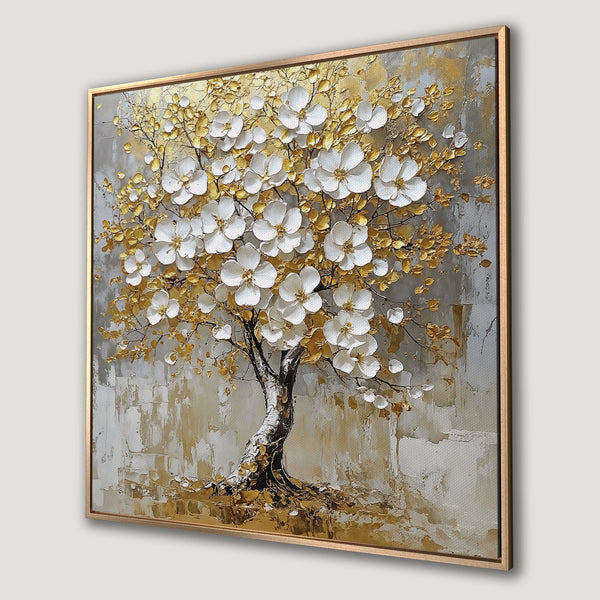 Framed Wall Art: Stunning textured tree art with white flowers and gold leaves. Elegant modern style in a neutral gray and gold palette. Perfect home decor.