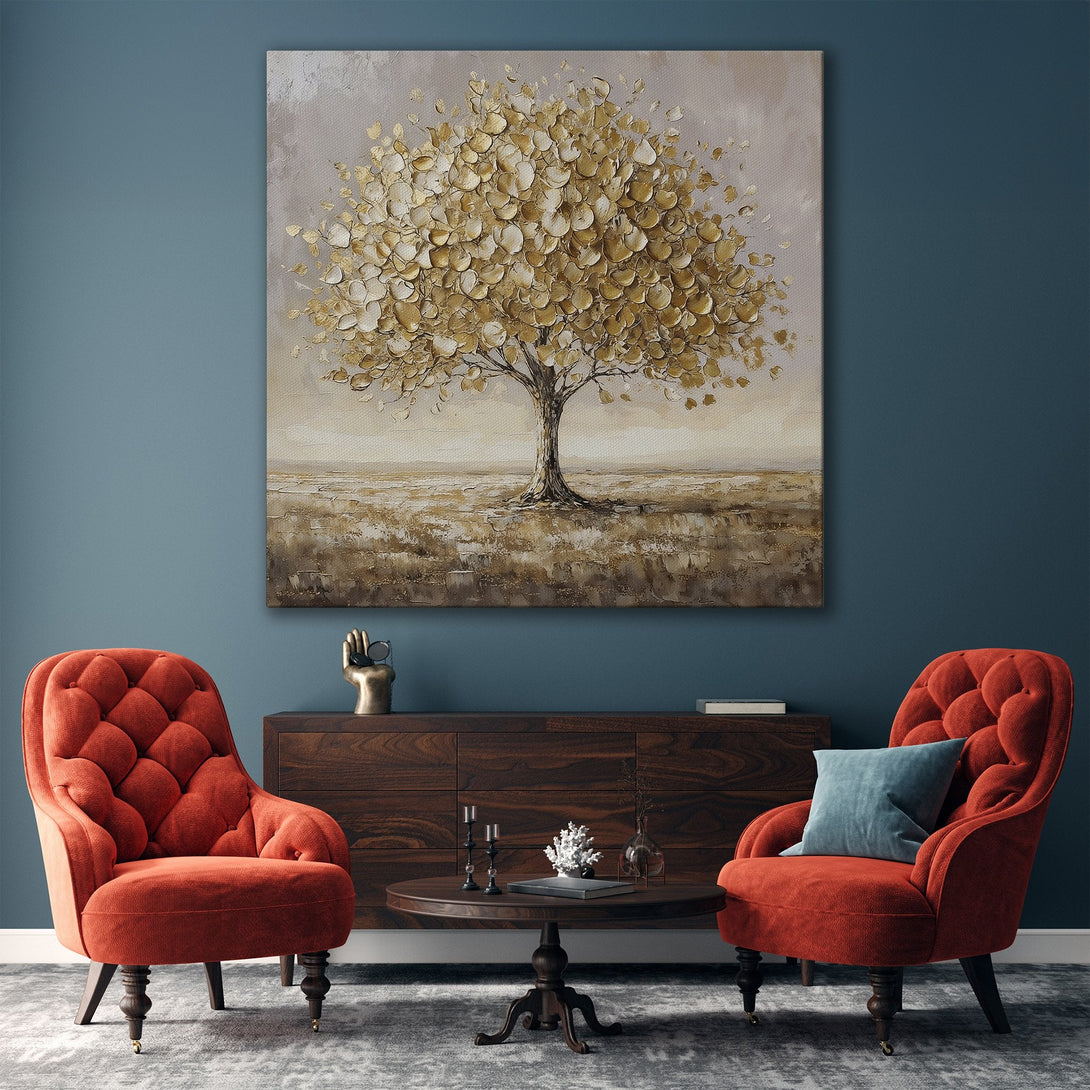 Framed Wall Art: Abstract golden tree painting in a neutral interior. Warm gold and beige tones create a luxurious and inviting atmosphere. Perfect for modern decor.