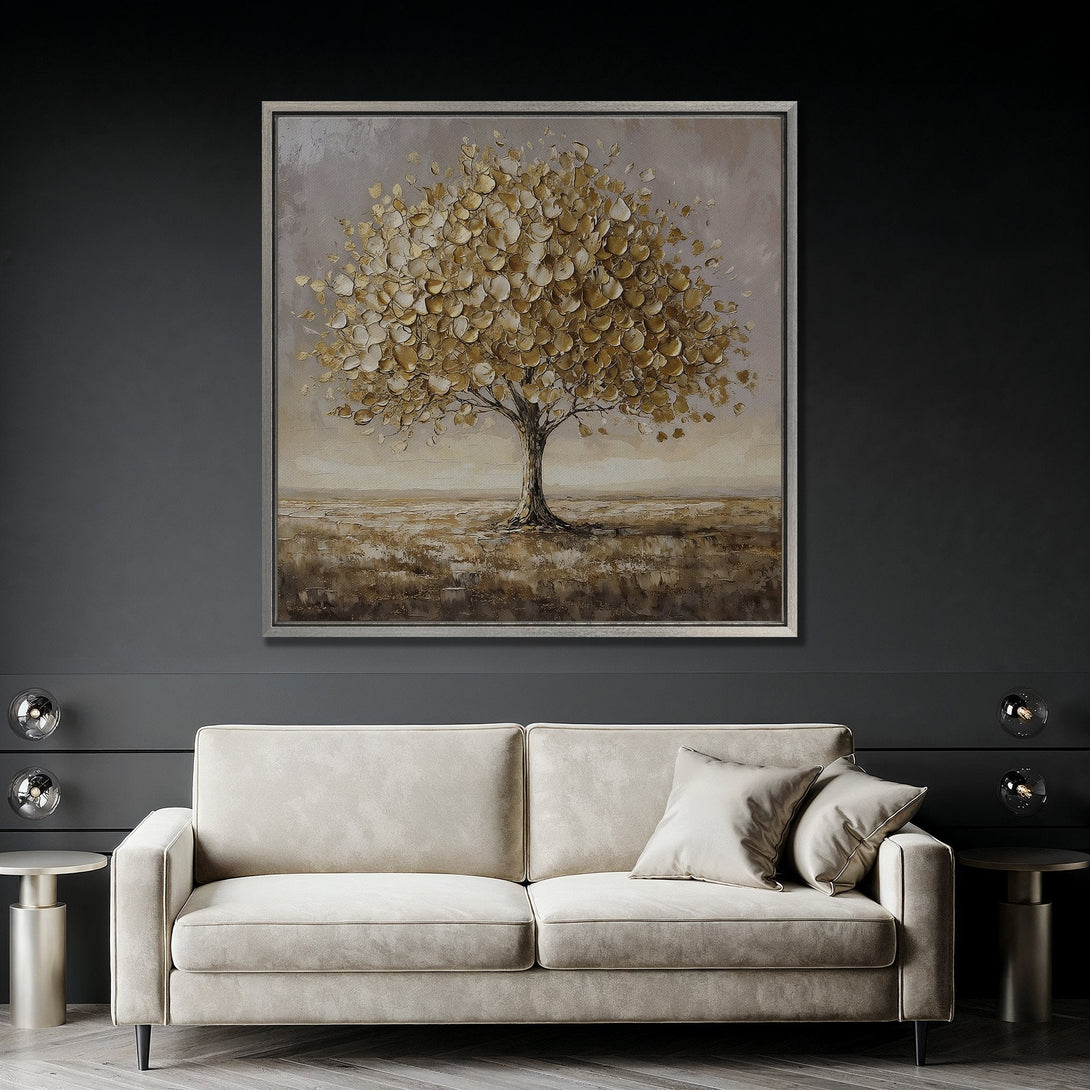 Framed Wall Art: Abstract tree painting in gold and brown tones. Modern art canvas print perfect for living room decor.