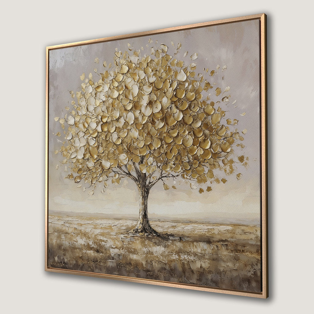 Framed Wall Art: Textured gold tree painting in neutral tones. Add warmth and elegance to your space with this stunning canvas print.