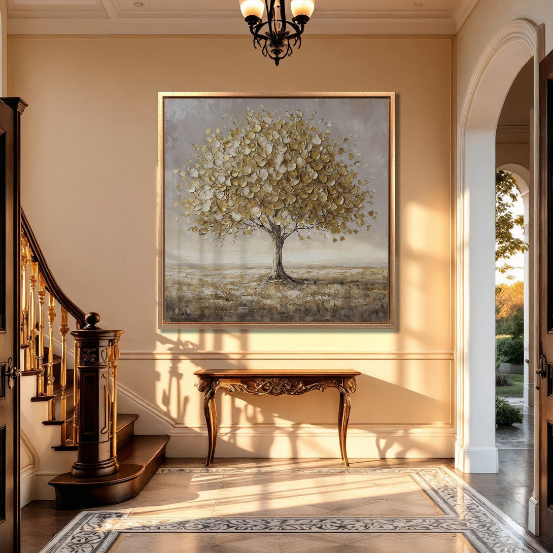 Framed Wall Art: Abstract tree painting in gold and gray tones. Adds elegance to any space. Perfect for living rooms and entryways.