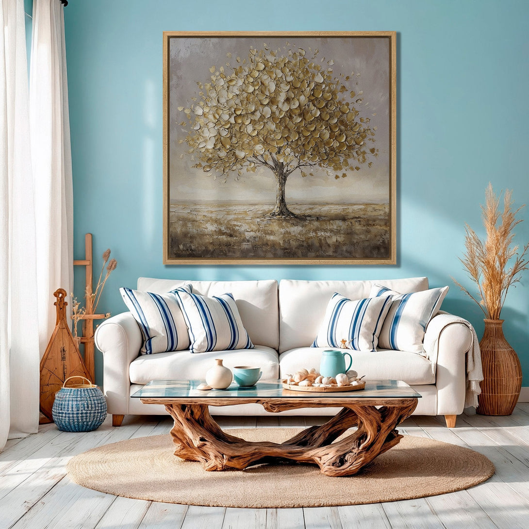 Framed Wall Art: Gold leaf tree painting adds a touch of elegance to any space. Neutral tones with blue accents create a calming, inviting atmosphere.