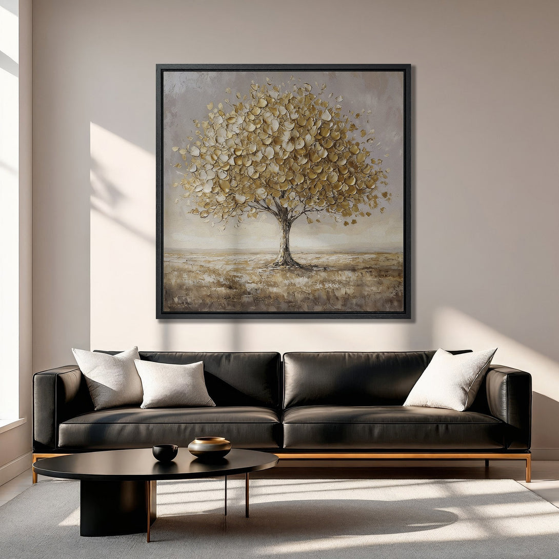 Framed Wall Art: Golden tree painting on canvas. Modern abstract art with neutral and gold color palette, perfect for living room decor.