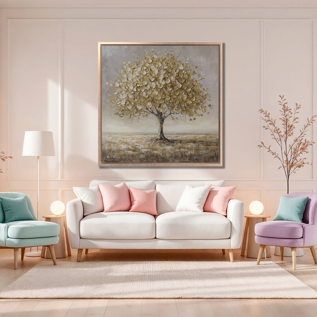 Framed Wall Art: Gold tree painting in a neutral color palette. Modern, abstract style canvas print perfect for living room decor.