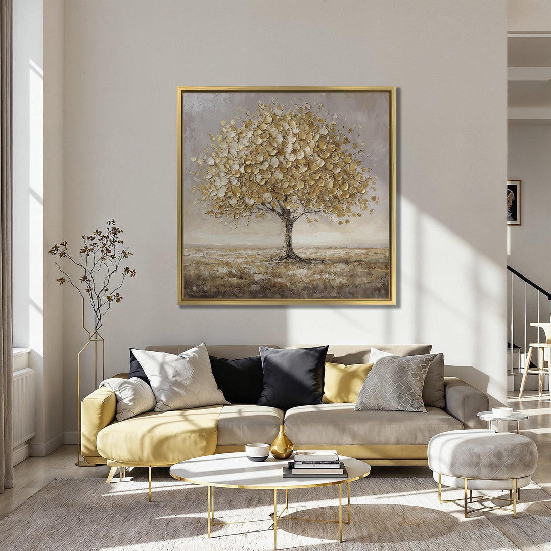 Canvas Print of a golden tree painting, elegant style, warm neutral tones. Perfect wall art for your living room.