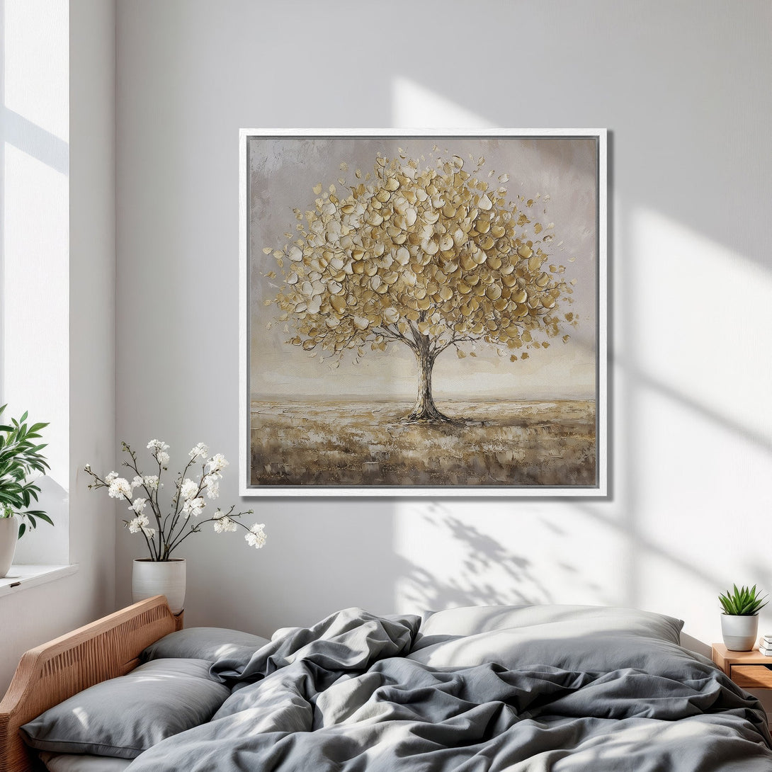 Framed Wall Art: Abstract tree painting in neutral tones. Perfect for bedroom decor. Earthy palette with gold and beige.