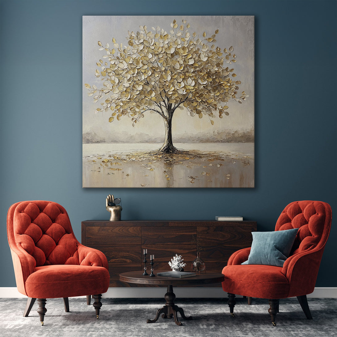 Framed Wall Art: Abstract tree painting with gold and neutral tones. Modern canvas print for living room decor, adding elegance and warmth.