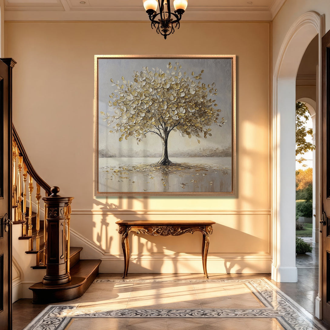 Framed Wall Art: Elegant tree painting in a neutral color palette, displayed in a luxurious interior. Perfect for adding sophistication to your home decor.