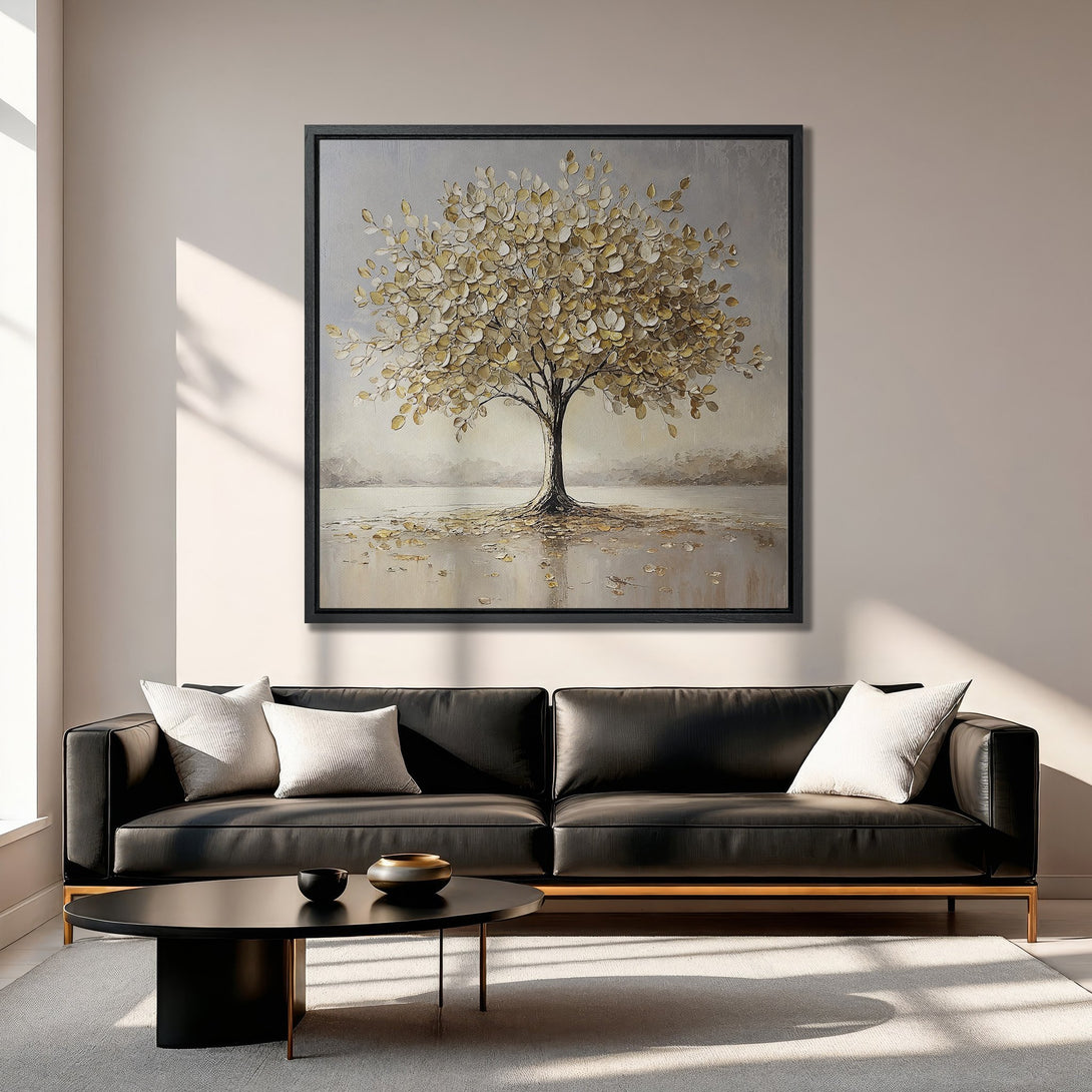 Framed Wall Art: Abstract tree painting in gold and neutral tones. Modern canvas print adds elegance to living room decor. Shop now for stylish wall art!
