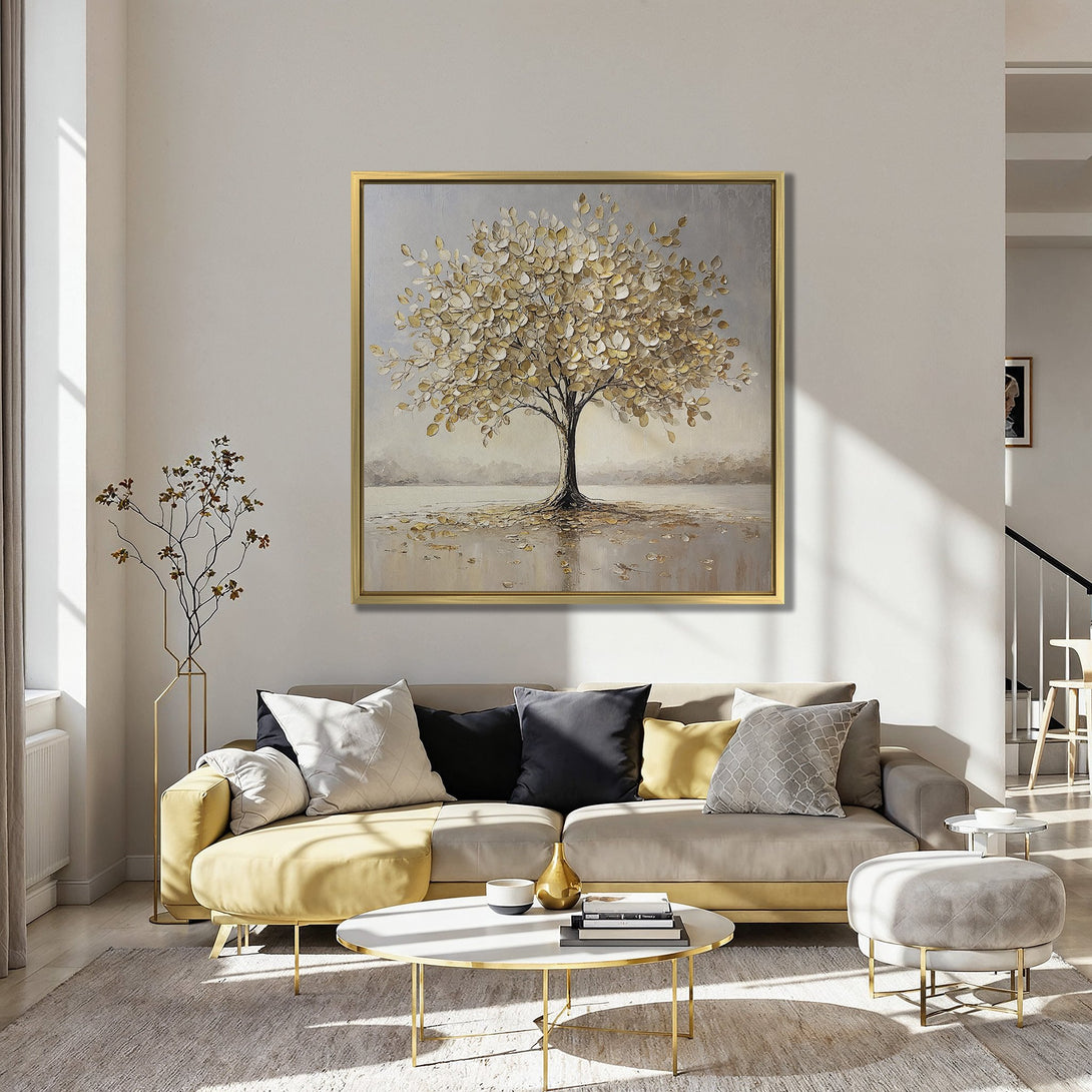 Canvas Print of a golden tree painting, displayed in a stylish interior. Warm, neutral colors create a serene and inviting atmosphere.