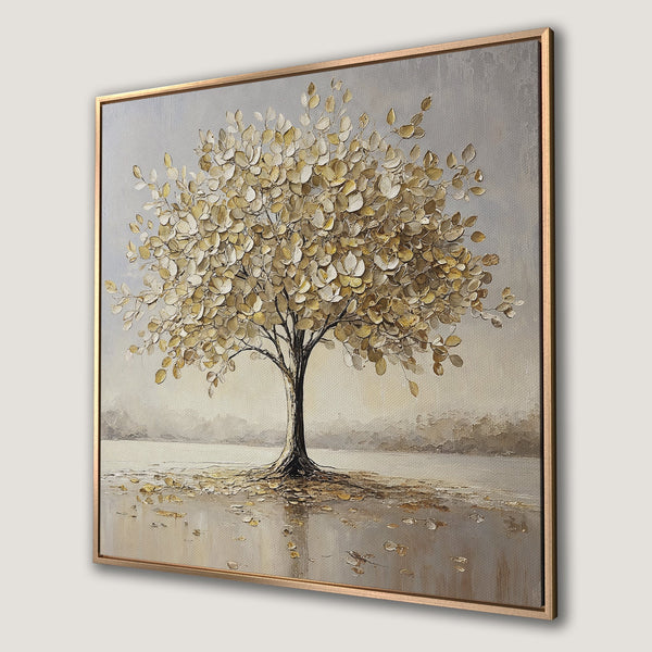 Framed Wall Art: Textured tree painting in neutral tones. Elegant canvas print with gold, gray, and beige palette, perfect for adding a touch of nature to your decor.