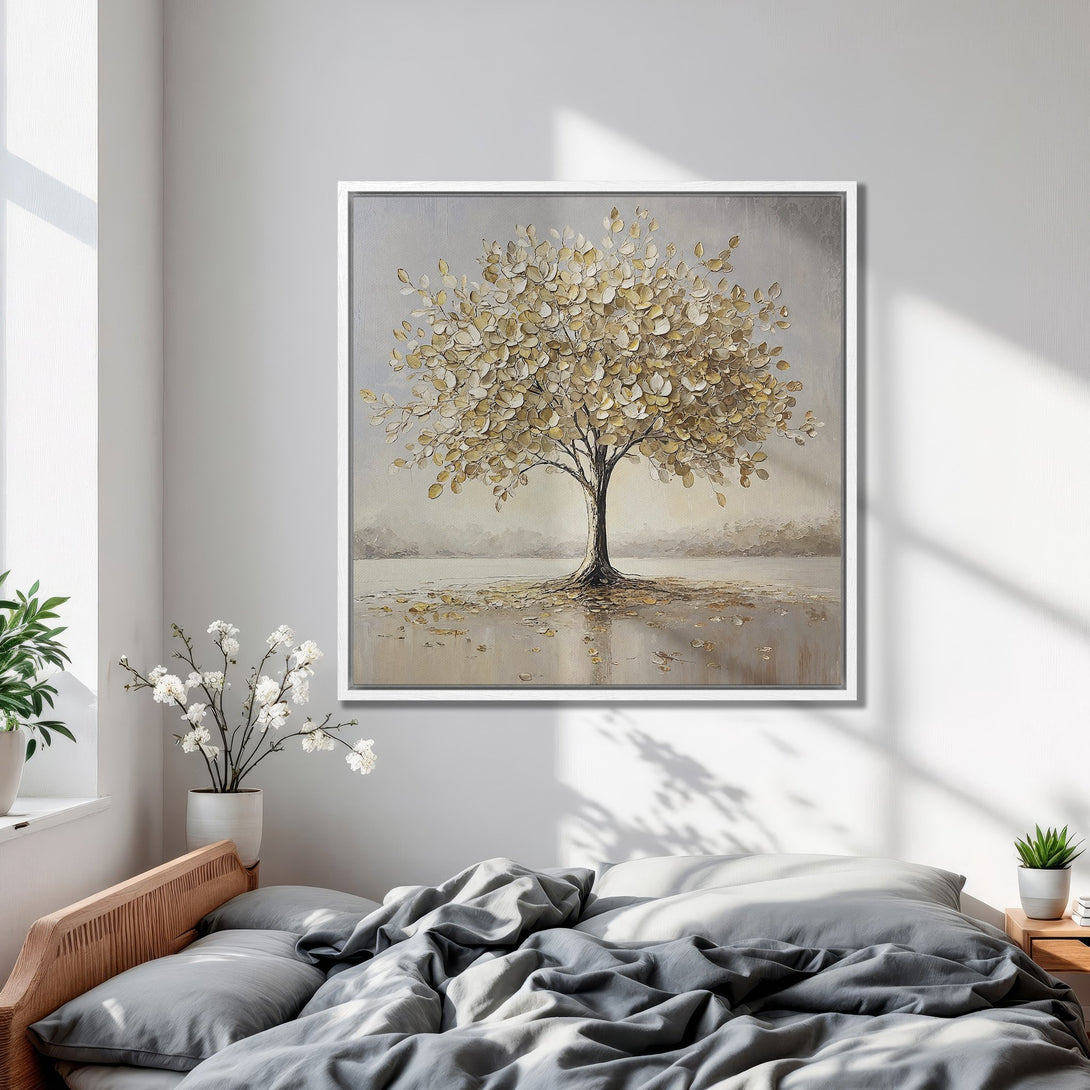 Framed Wall Art: Abstract tree painting in neutral tones. Adds a touch of elegance to any bedroom decor. Shop now for stylish wall art!