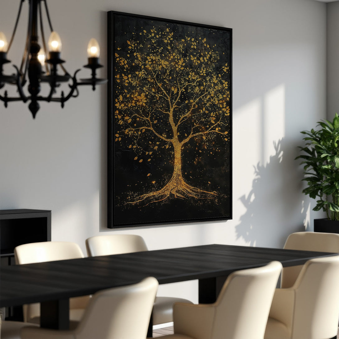 Framed Wall Art featuring a golden tree on a black canvas. Stunning abstract art with a luxurious gold and black color palette, perfect for dining room decor.