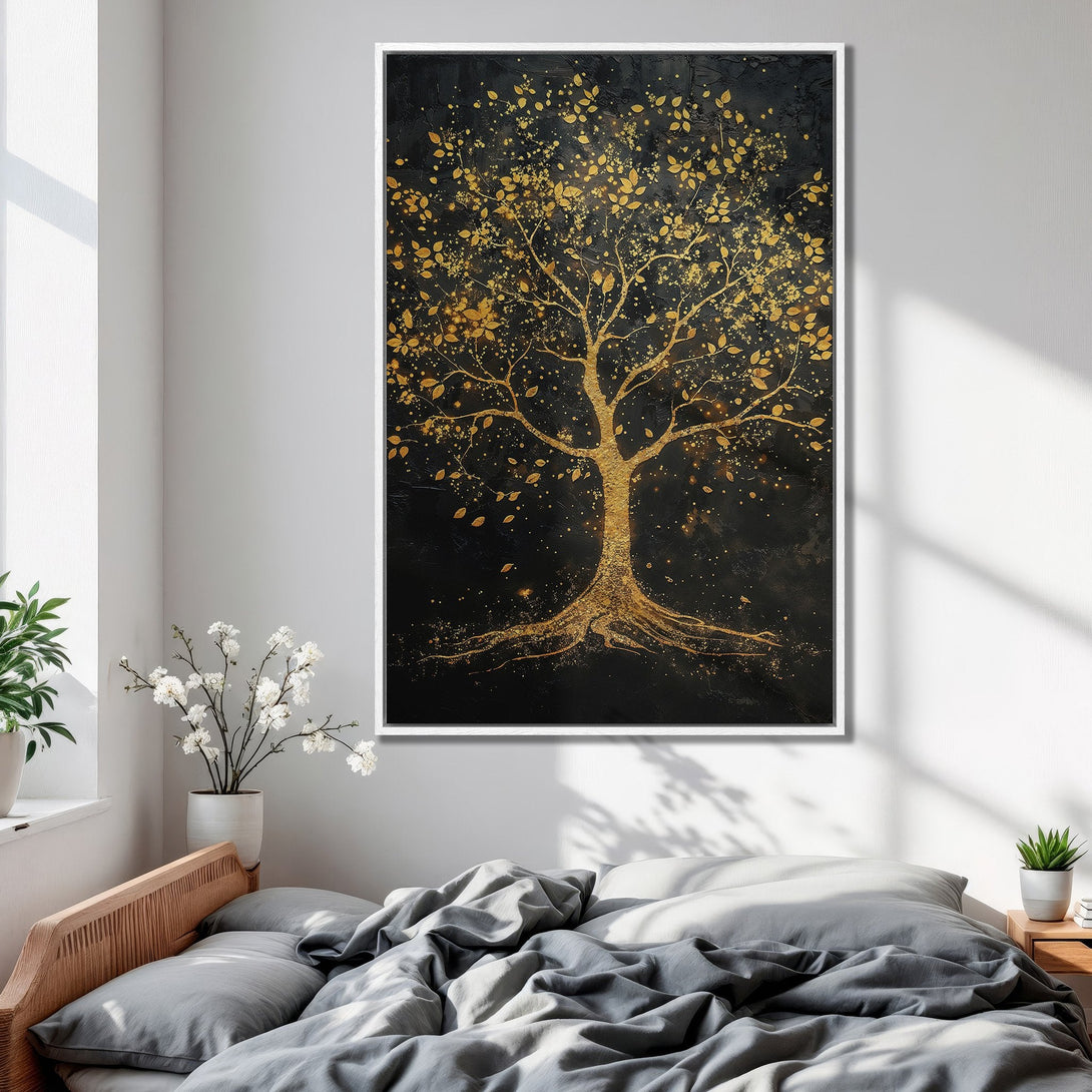 Framed Wall Art: Golden tree art print on black background. Modern canvas print with gold and black color palette, perfect for bedroom decor.