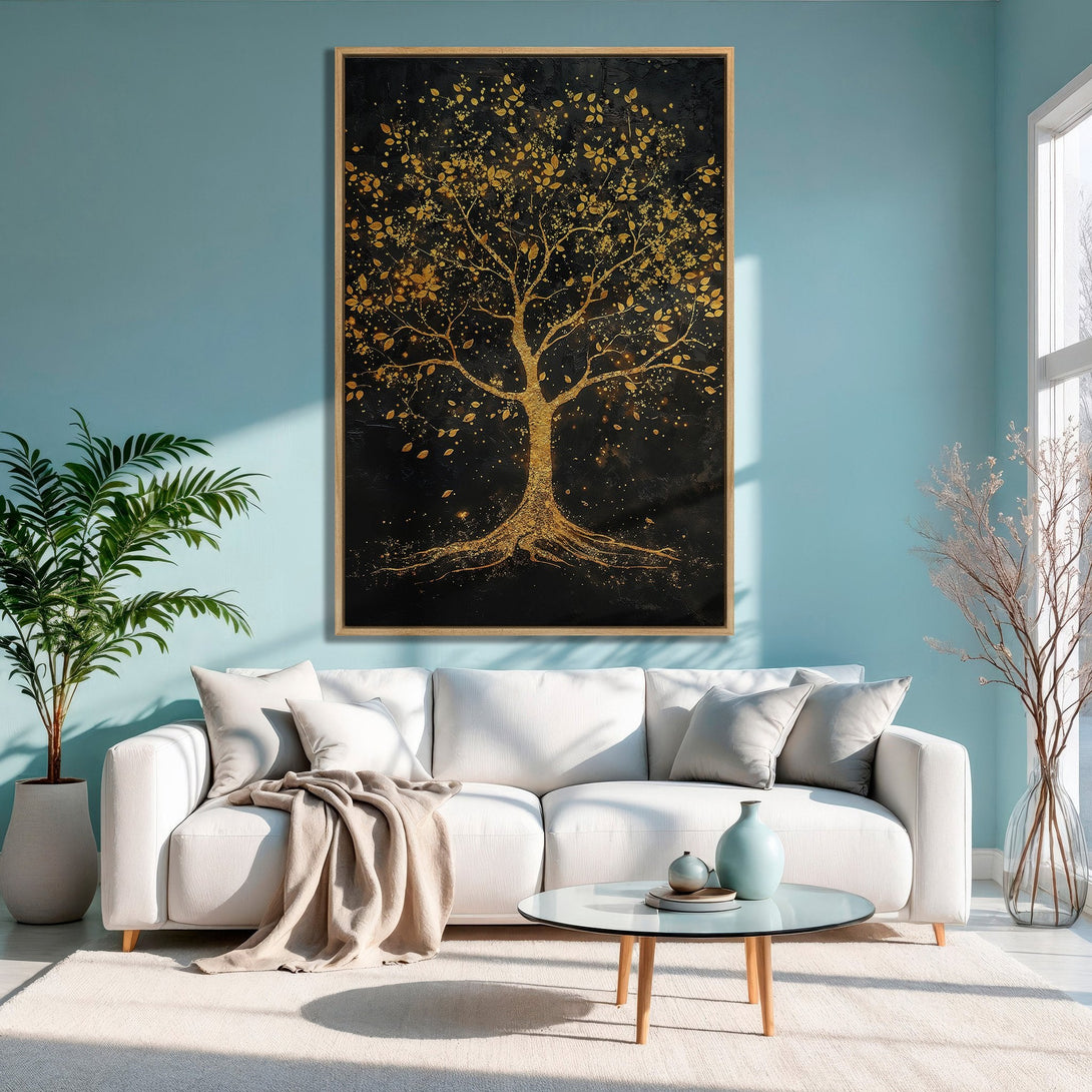 Framed Wall Art: Stunning gold tree art on black canvas. Modern decor with a calming blue and neutral color palette. Elevate your space with this beautiful piece!