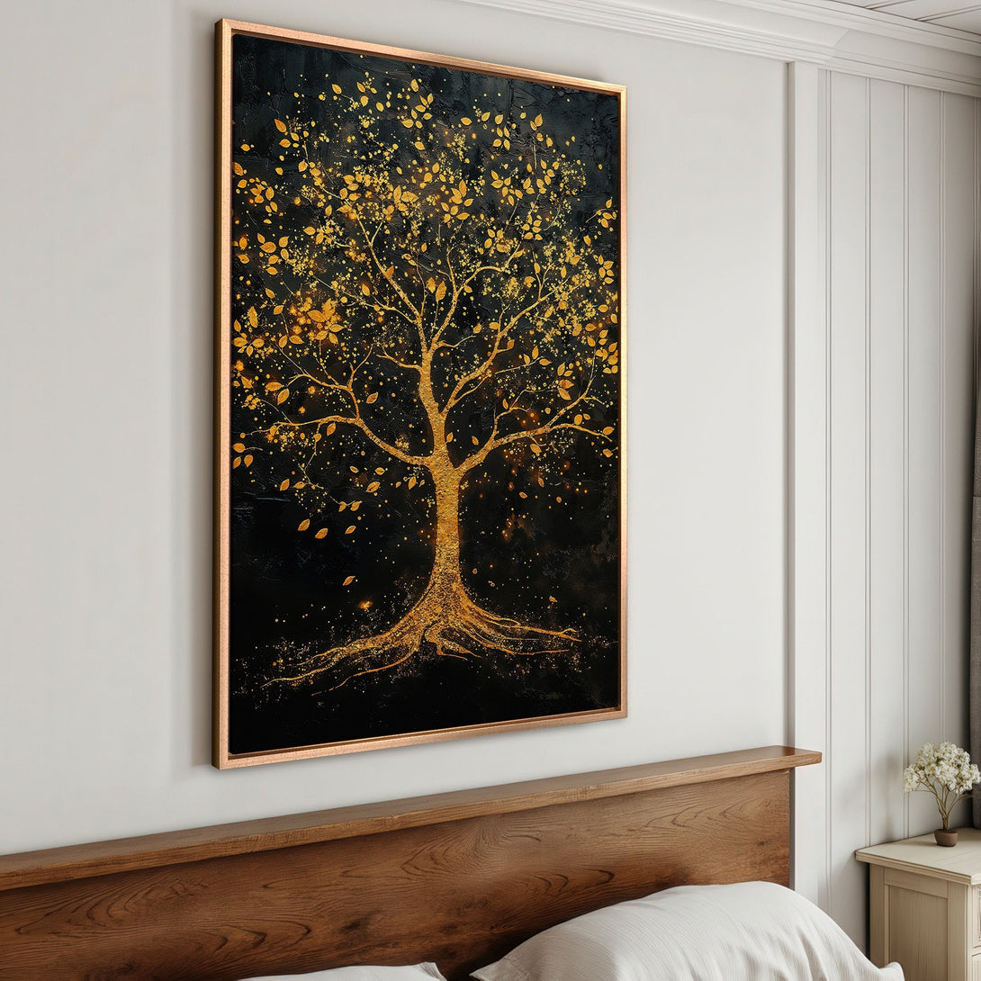 Framed Wall Art: Stunning gold tree art print on black background. Modern, elegant style. Perfect for bedroom decor. Rich, warm color palette.